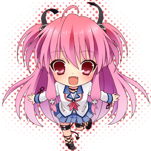 1girl angel_beats! chibi demon_tail etou_(cherry7) long_hair looking_at_viewer lowres open_mouth pink_eyes pink_hair school_uniform serafuku simple_background smile solo tail very_long_hair white_background yui_(angel_beats!)