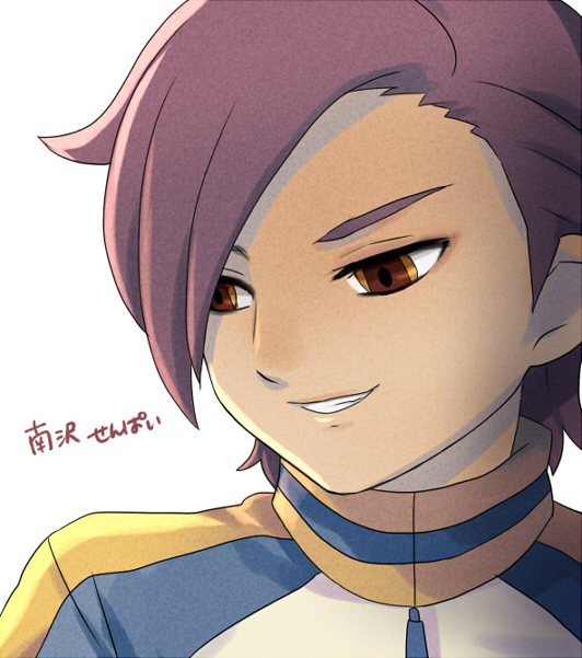 1boy bust character_name face grin inazuma_eleven_(series) inazuma_eleven_go male minamisawa_atsushi mizuhara_aki purple_hair raimon simple_background smile solo track_jacket white_background