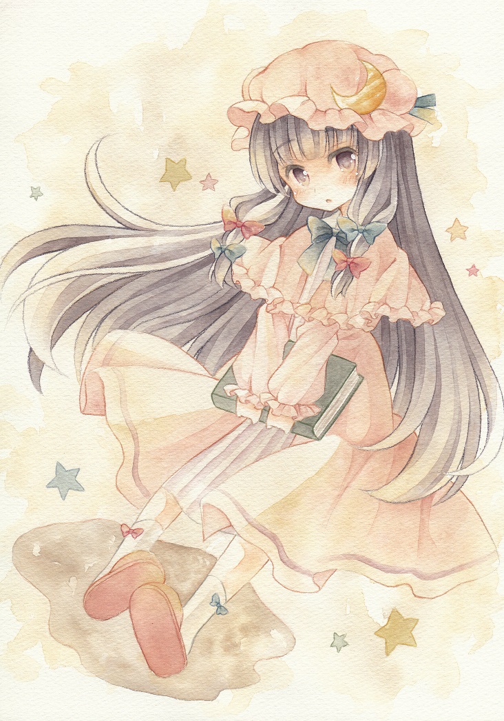 1girl blush book bow capelet crescent dress hair_bow hair_ornament hat kagome_f long_hair looking_at_viewer mob_cap open_mouth patchouli_knowledge purple_hair ribbon solo star touhou traditional_media very_long_hair violet_eyes watercolor_(medium)