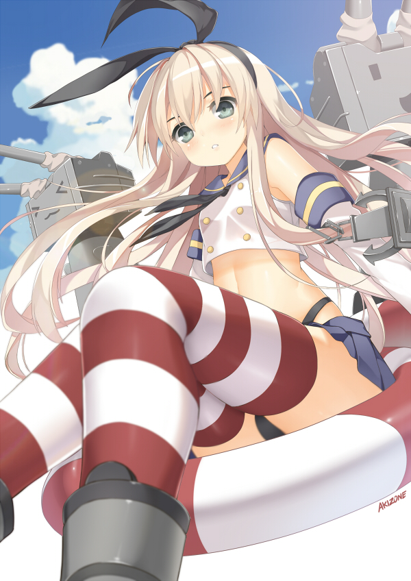 &gt;_&lt; 1girl akizone anchor artist_name black_panties blonde_hair clouds crop_top elbow_gloves gloves hair_ornament innertube kantai_collection long_hair looking_at_viewer midriff navel open_mouth panties parted_lips personification rensouhou-chan shimakaze_(kantai_collection) sky striped striped_legwear thighhighs underwear white_gloves