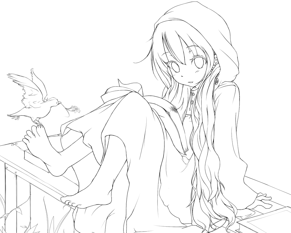 1girl barefoot bird kagerou_project lineart long_hair mary_(kagerou_project) monochrome negoto sitting solo