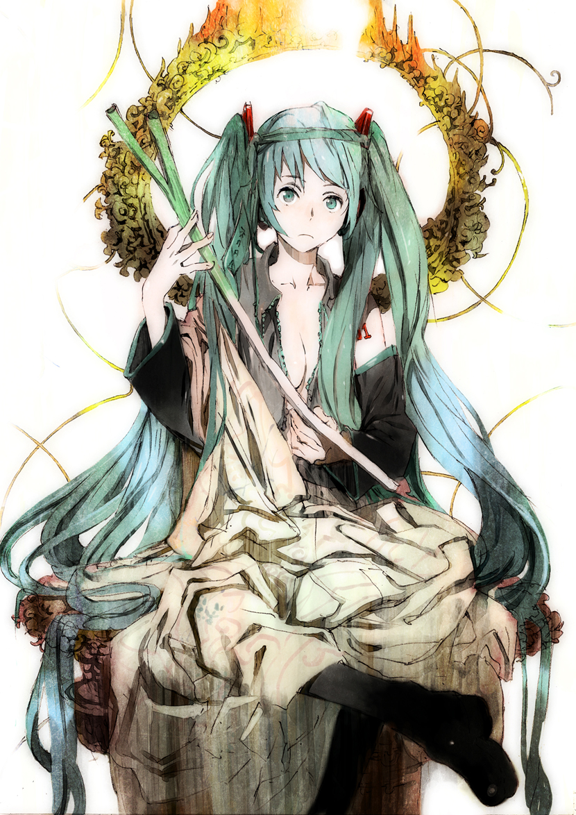 1girl aqua_eyes aqua_hair breasts cleavage detached_sleeves expressionless halo hatsune_miku headphones long_hair necktie necktie_on_head onion open_clothes open_shirt sitting solo toga toi8 twintails very_long_hair vocaloid white_background