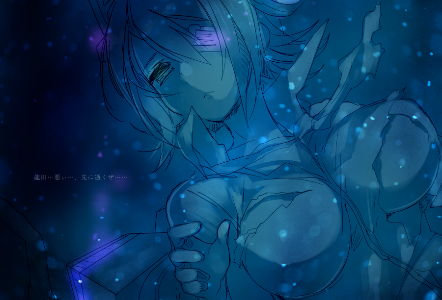 1girl blue breasts eyepatch half-closed_eyes headgear kantai_collection large_breasts monochrome necktie no_bra ot-nm personification short_hair tenryuu_(kantai_collection) torn_clothes translation_request underboob underwater