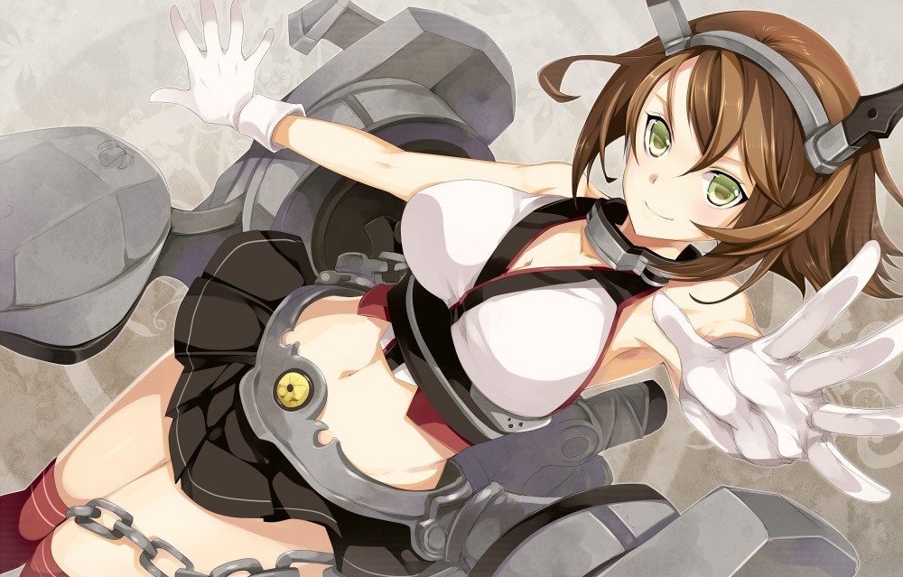 1girl breasts brown_hair gloves green_eyes headgear kantai_collection looking_at_viewer midriff mutsu_(kantai_collection) navel personification red_legwear short_hair skirt smile solo sumomo_(peach-breath)