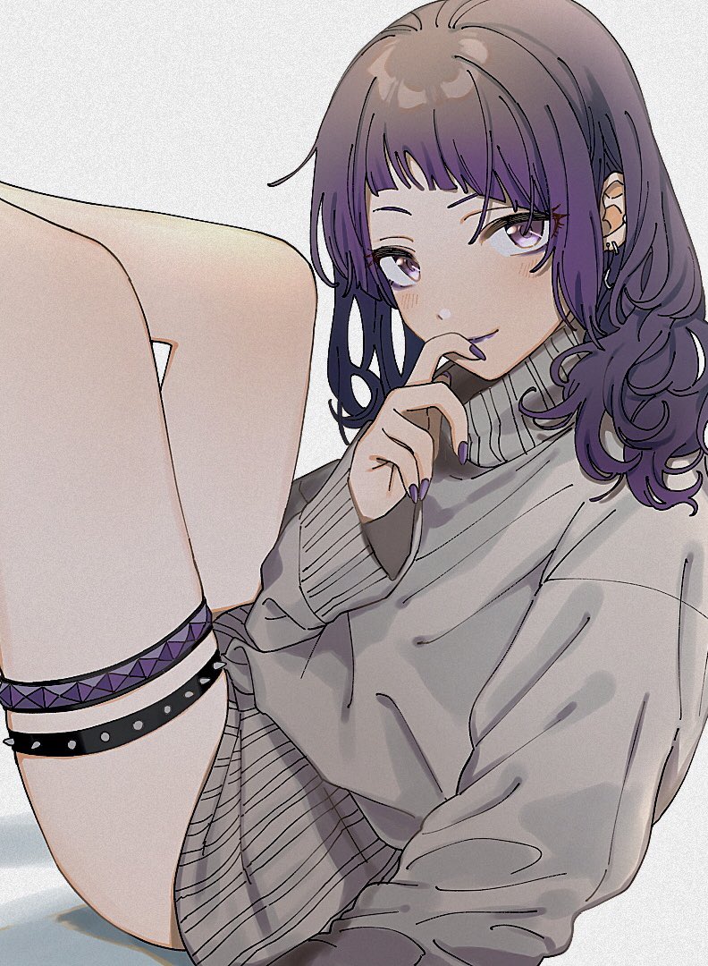 1girl bangs blunt_bangs closed_mouth diagonal_bangs earrings feet_out_of_frame finger_to_mouth fingernails from_side grey_background grey_sweater hair_down hand_up idolmaster idolmaster_shiny_colors iwawa jewelry legs_up light_blush light_smile long_sleeves looking_at_viewer looking_to_the_side medium_hair nail_polish purple_hair purple_lips purple_nails shiny shiny_hair simple_background sitting sleeves_past_wrists solo sweater tanaka_mamimi thigh_strap turtleneck turtleneck_sweater violet_eyes wavy_hair