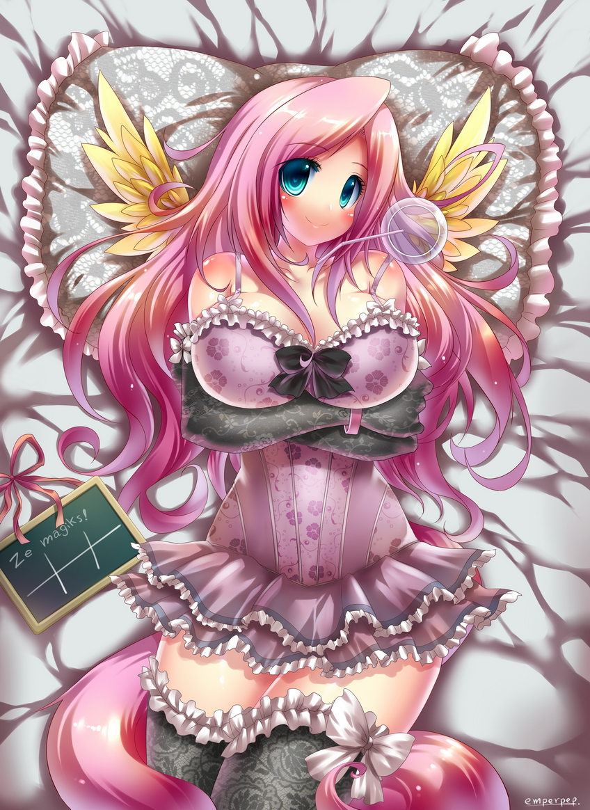 1girl aqua_eyes blush emperpep fluttershy gloves long_hair my_little_pony my_little_pony_friendship_is_magic personification pink_hair smile solo thighhighs wings