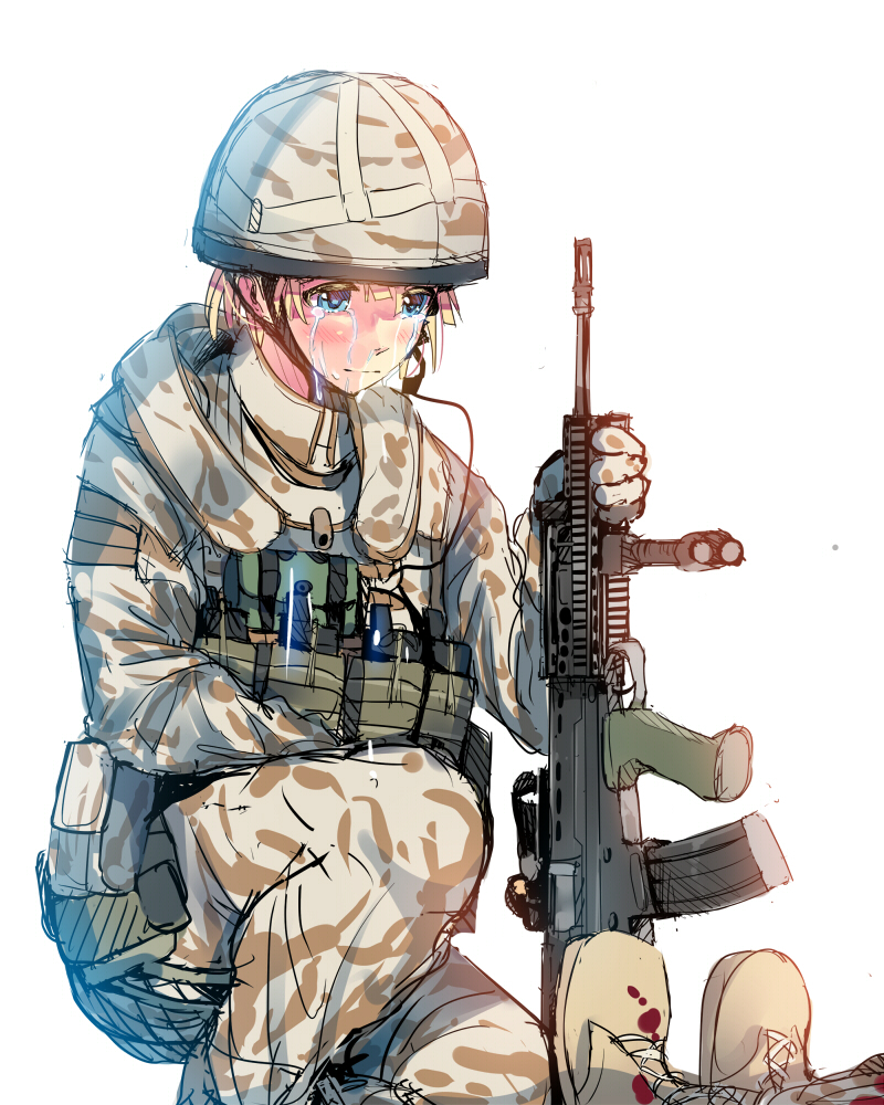1girl blonde_hair blue_eyes blush boots camouflage daito gloves gun hat l85 military original short_hair smile solo weapon