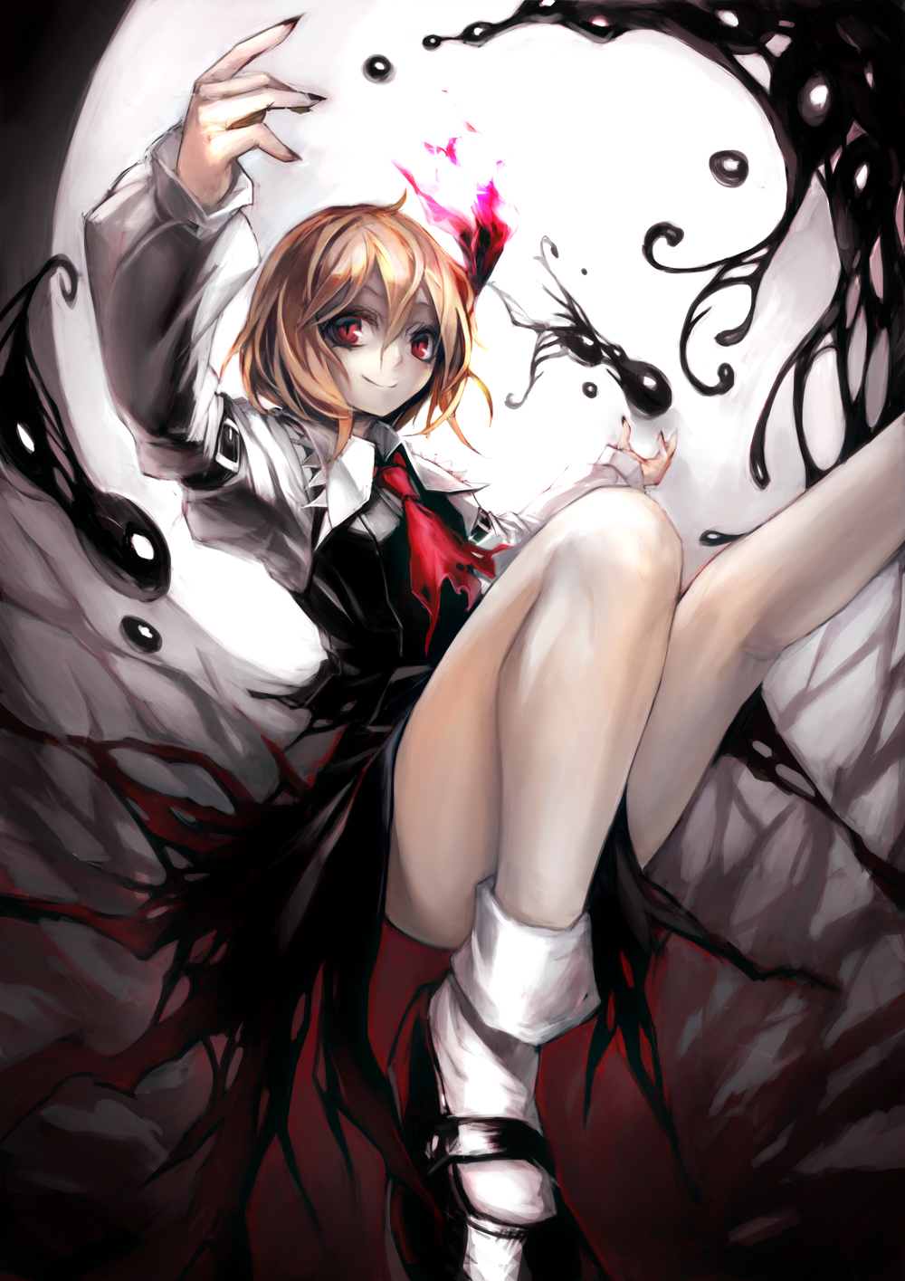 1girl ascot blonde_hair censored convenient_censoring darkness dissolving_clothes hair_ribbon highres juliet_sleeves leg_up long_sleeves looking_at_viewer outstretched_arms puffy_sleeves red_eyes ribbon rumia shirt skirt skirt_set smile solo spark621 touhou upskirt vest