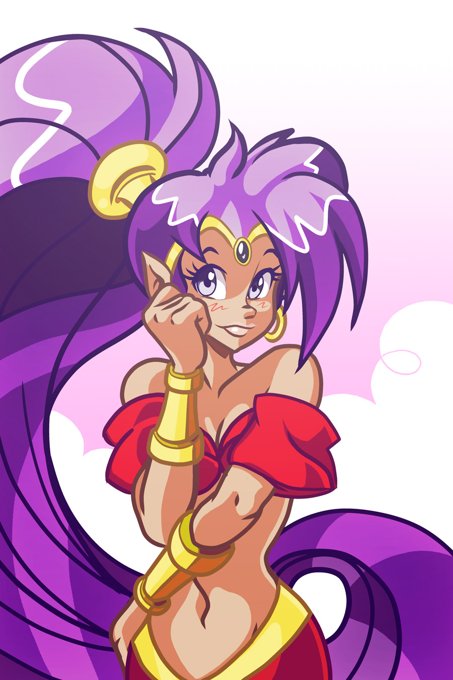 1girl arabian_clothes bandeau blue_eyes blush bracer breasts cleavage dark_skin detached_sleeves earrings hair_tubes highres hoop_earrings jewelry lips long_hair louistrations midriff navel pointy_ears ponytail purple_hair shantae shantae_(character) smile solo very_long_hair