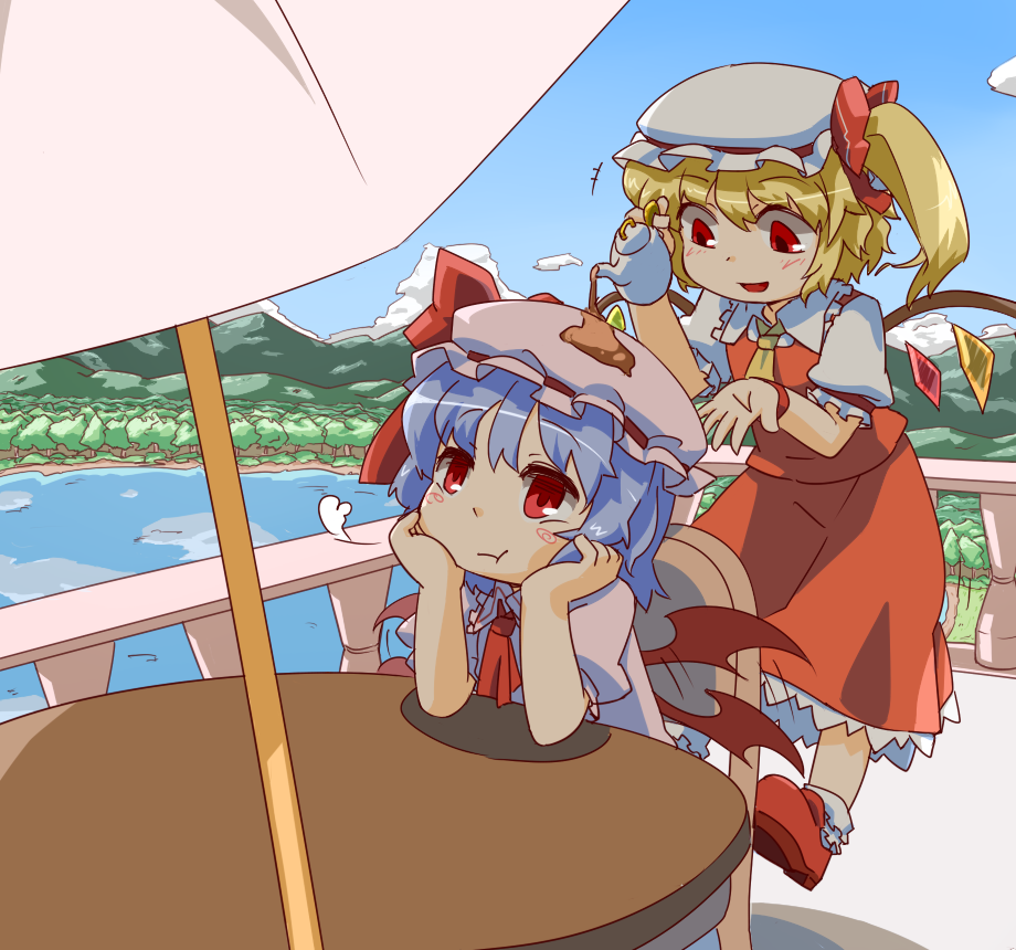 2girls :t ankle_socks ascot balcony bat_wings blonde_hair blouse blue_hair blue_sky clouds flandre_scarlet flapping flying forest hat hat_ribbon head_rest hihachi hill lake looking_at_another looking_up mob_cap mountain multiple_girls nature open_hand pouring pout railing red_eyes remilia_scarlet ribbon shade shadow short_hair siblings side_ponytail sisters sitting skirt skirt_set sky table teapot touhou umbrella wings wrist_cuffs