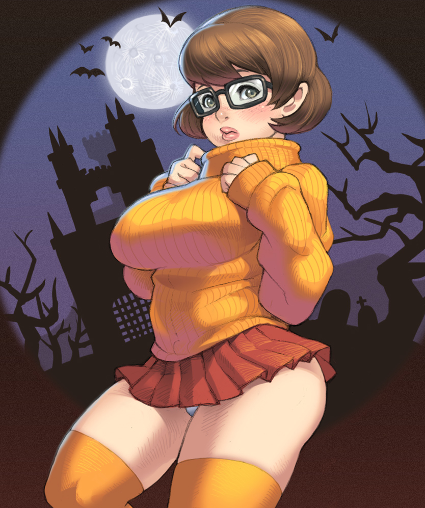 1girl blush bob_cut breasts brown_eyes brown_hair castle freckles full_moon glasses large_breasts lips looking_at_viewer maou_alba miniskirt moon orange_legwear panties plump ribbed_sweater scooby-doo short_hair skirt solo sweater thick_thighs thighhighs thighs turtleneck underwear velma_dace_dinkley white_panties