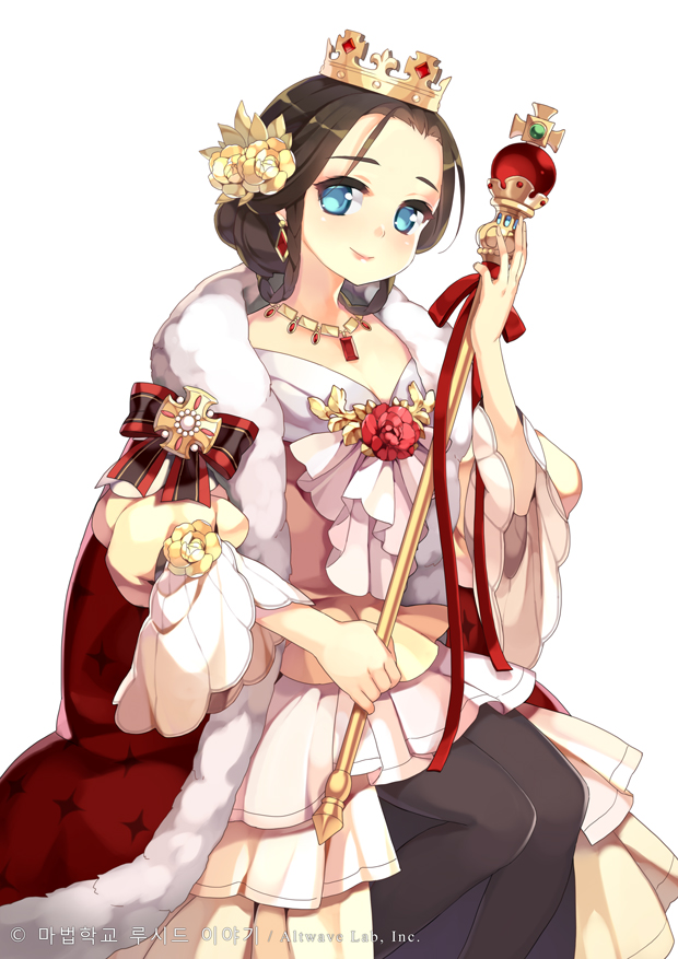1girl blue_eyes brown_hair btoor cape crown dress earrings hair_ornament jewelry original queen scepter short_hair simple_background smile solo thigh-highs white_background