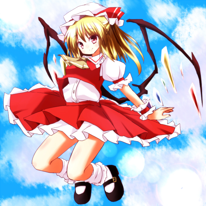 1girl ascot blonde_hair blue_sky clouds flandre_scarlet hat hat_ribbon jumping looking_at_viewer misoshiru_(meridianchild312) mob_cap pink_eyes puffy_sleeves ribbon shirt short_sleeves skirt sky smile solo touhou vest wings wrist_cuffs