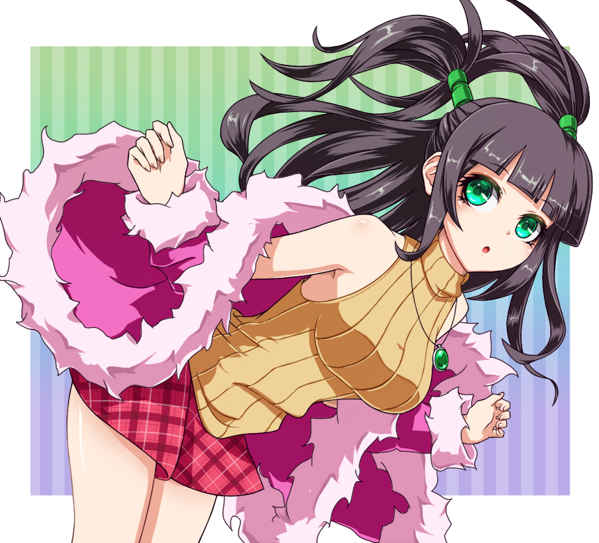 1girl bare_shoulders bent_over black_hair breasts fuji_hyorone green_eyes hair_ornament jewelry large_breasts looking_at_viewer necktie off_shoulder open_clothes open_jacket open_mouth pendant pop'n_music shirt skirt sleeveless sleeveless_shirt solo tsurara_(pop'n_music) twintails