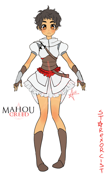 1girl altair_ibn_la-ahad artist_name ashley_swaby assassin's_creed black_hair brown_eyes commentary copyright_name fingerless_gloves genderswap gloves logo magical_girl parody pigeon-toed short_hair signature simple_background skirt solo white_background