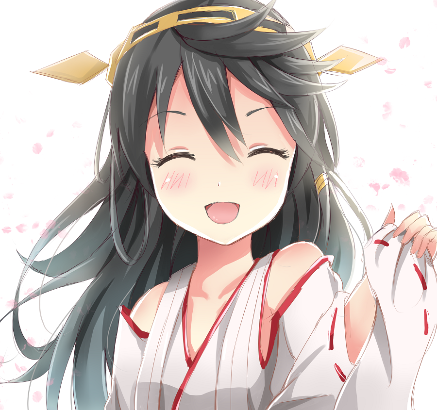 1girl bare_shoulders black_hair cherry_blossoms closed_eyes detached_sleeves hair_ornament hairband haruna_(kantai_collection) headgear japanese_clothes kantai_collection long_hair nikkunemu open_mouth personification petals ribbon_trim smile solo white_background