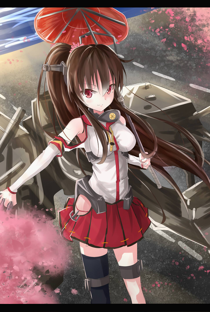 1girl bare_shoulders breasts brown_hair cherry_blossoms flower hair_flower hair_ornament japanese_clothes kantai_collection long_hair looking_at_viewer nikkunemu personification ponytail red_eyes single_thighhigh skirt smile solo thigh-highs umbrella yamato_(kantai_collection)