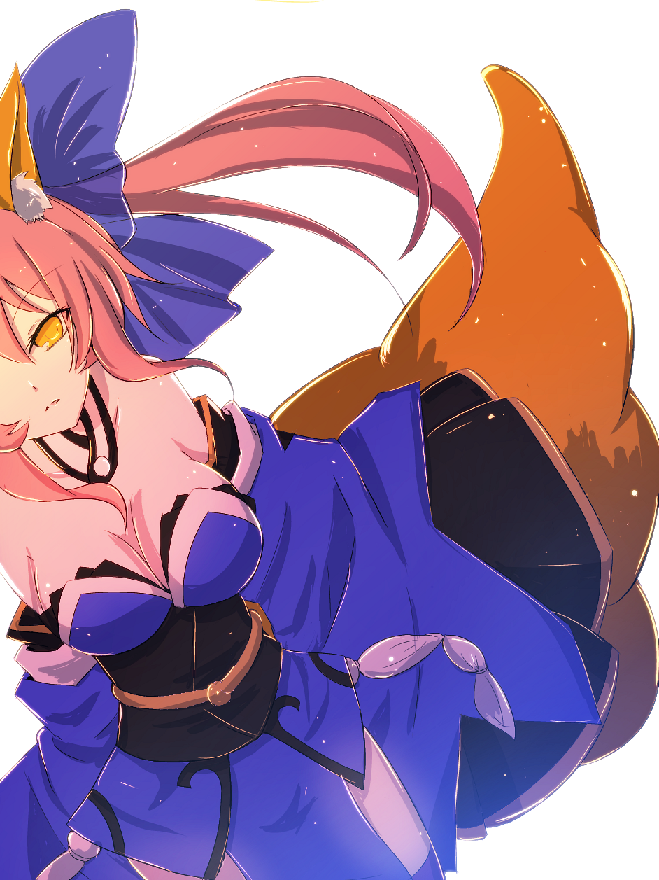 1girl animal_ears bare_shoulders bow breasts caster_(fate/extra) cleavage detached_sleeves fate/extra fate_(series) fox_ears fox_tail hair_bow hair_ribbon highres japanese_clothes kommode large_breasts pink_hair ribbon solo tail twintails yellow_eyes