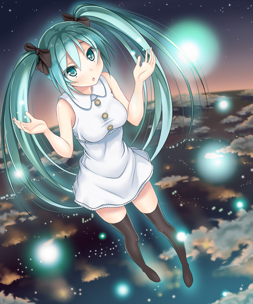 1girl aqua_eyes aqua_hair bow dansa dress hair_bow hatsune_miku long_hair looking_at_viewer open_mouth solo thighhighs twintails very_long_hair vocaloid