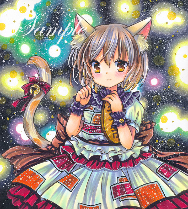 1girl :3 animal_ear_fluff animal_ears bell blush bow brown_eyes brown_hair cat_ears cat_tail cowboy_shot eyebrows_visible_through_hair frilled_shirt frills gold goutokuji_mike hair_between_eyes jingle_bell koban_(gold) looking_at_viewer marker_(medium) multicolored_clothes multicolored_skirt puffy_short_sleeves puffy_sleeves red_bow rui_(sugar3) sample shiny shirt short_hair short_sleeves skirt solo tail tail_bow tail_ornament touhou traditional_media white_shirt white_skirt wrist_cuffs