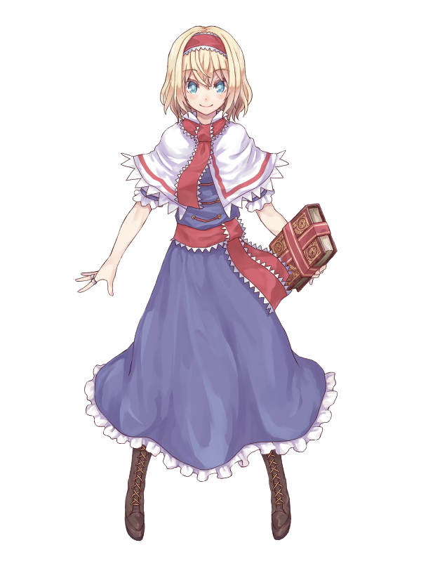 1girl alice_margatroid blonde_hair blue_dress blue_eyes book boots capelet cross-laced_footwear dress grimoire hairband jewelry lolita_hairband looking_at_viewer mumulatte ring sash simple_background smile solo touhou white_background