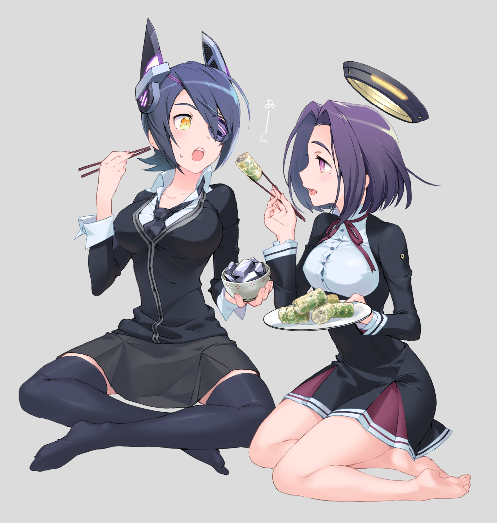 2girls :o barefoot black_legwear bowl breasts cardigan checkered checkered_necktie chopsticks eyepatch feeding food headgear indian_style jumping_dogeza kantai_collection kneeling mechanical_halo mole multiple_girls necktie open_mouth personification plate profile purple_hair short_hair sitting skirt tatsuta_(kantai_collection) tenryuu_(kantai_collection) thigh-highs violet_eyes yellow_eyes