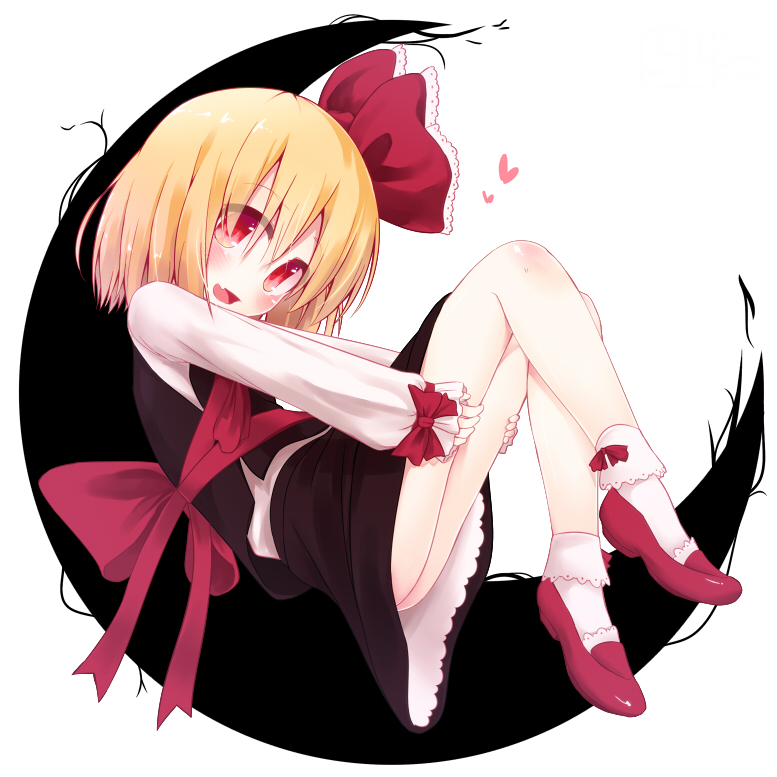 1girl bare_legs blonde_hair blush bobby_socks fang hair_ribbon heart leg_hug long_sleeves looking_at_viewer open_mouth razy_(skuroko) red_eyes ribbon rumia sash shirt shoes short_hair simple_background sitting skirt skirt_set smile socks solo touhou vest