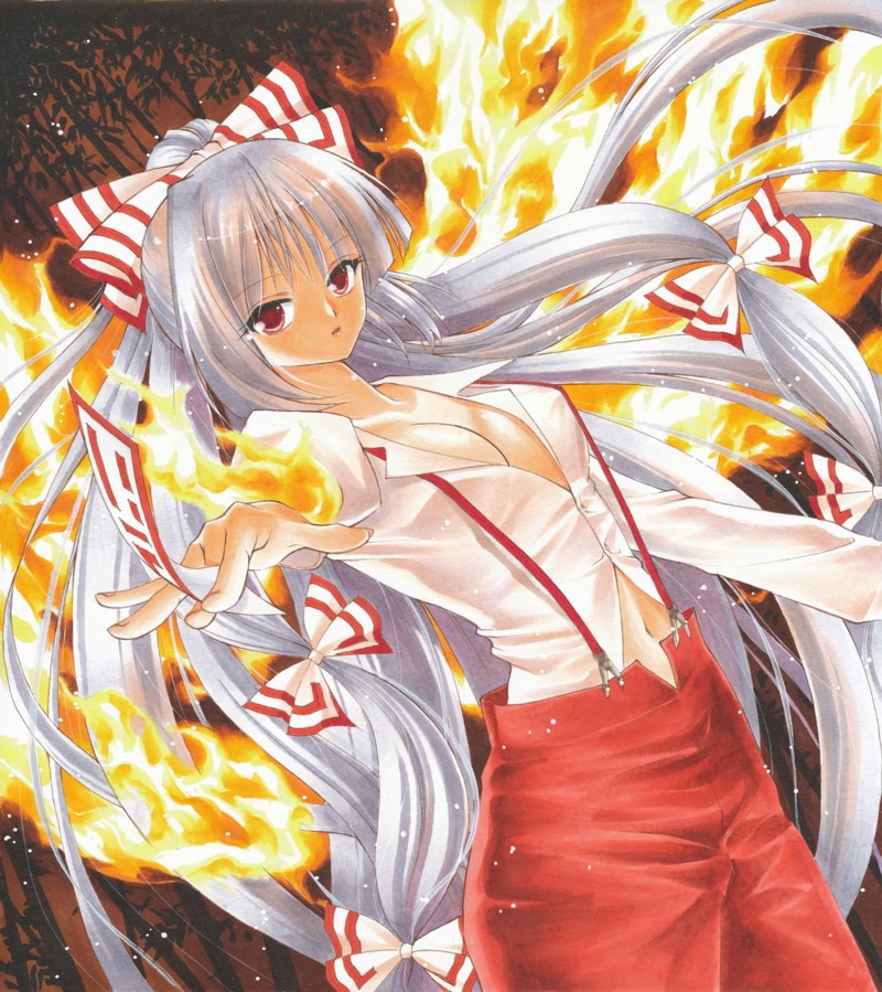 1girl bamboo bamboo_forest between_fingers dutch_angle fiery_wings fire forest fujiwara_no_mokou hair_ribbon long_hair looking_at_viewer marker_(medium) nature ofuda outstretched_hand pants ponytail red_eyes ribbon silver_hair solo suspenders tegaki_no_yuu touhou traditional_media tress_ribbon very_long_hair
