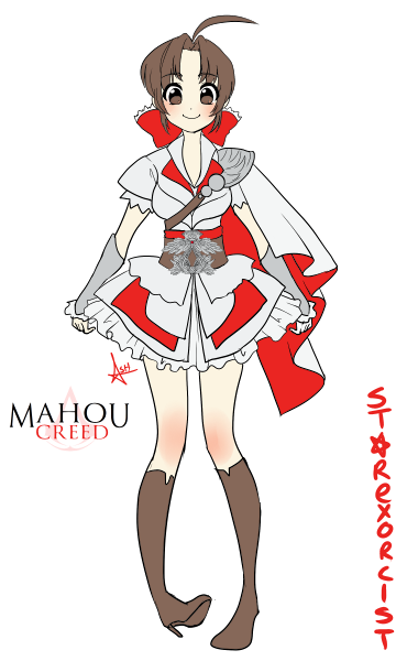 1girl ahoge artist_name ashley_swaby assassin's_creed boots brown_eyes brown_hair commentary copyright_name copyright_request ezio_auditore_da_firenze genderswap high_heels logo magical_girl parody pigeon-toed signature simple_background skirt smile solo tagme white_background