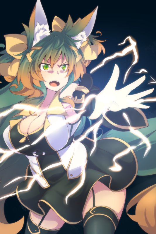 1girl animal_ears breasts cleavage garter_straps gradient_hair green_eyes kuromiya kuromiya_raika large_breasts long_hair multicolored_hair original solo tail thighhighs