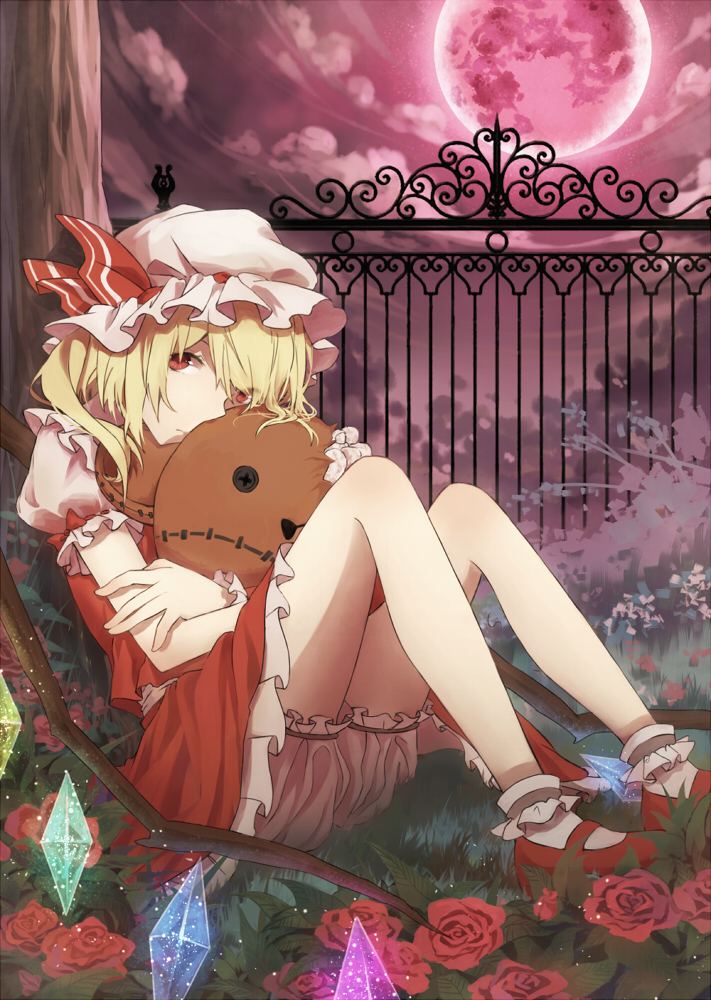 1girl ankle_socks blonde_hair bloomers button_eyes clouds flandre_scarlet flower frown full_moon grass hat hat_ribbon head_rest iron_bars knees_up looking_at_viewer mary_janes mob_cap moon nae_(artist) night night_sky object_hug puffy_short_sleeves puffy_sleeves reclining red_eyes red_moon red_rose ribbon rose shoes short_hair short_sleeves side_ponytail skirt skirt_set sky solo stuffed_animal stuffed_toy stuffing teddy_bear touhou tree underwear wings wrist_cuffs