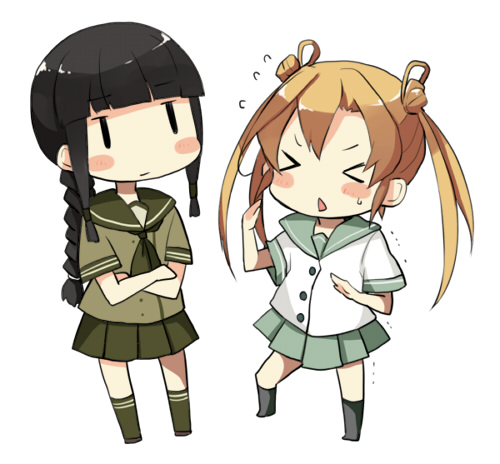 &gt;_&lt; 2girls abukuma_(kantai_collection) black_hair blonde_hair blush blush_stickers braid chibi double_bun gumichoco hair_rings kantai_collection kitakami_(kantai_collection) long_hair lowres multiple_girls personification school_uniform serafuku simple_background triangle_mouth twintails white_background