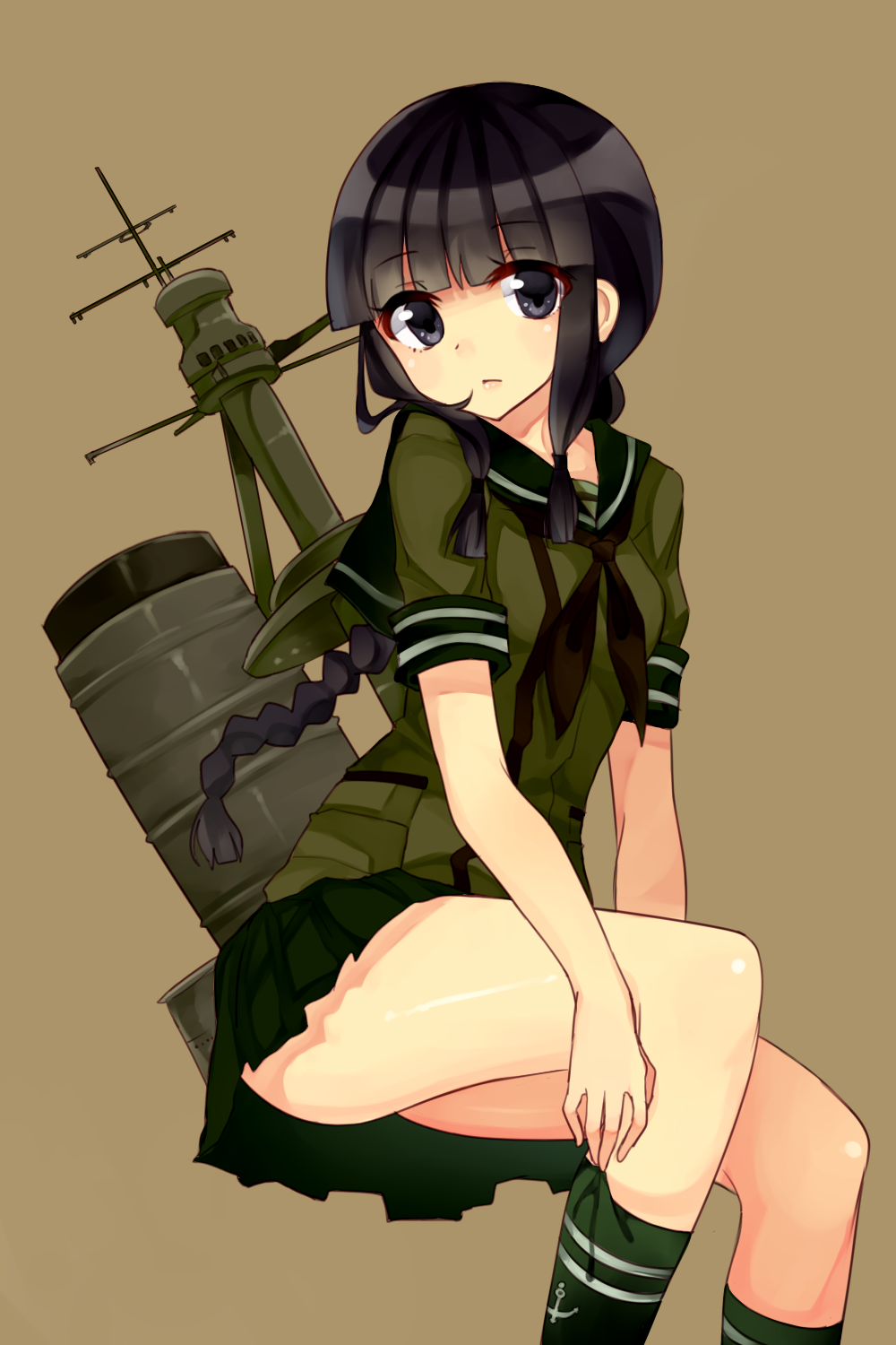 1girl bangs black_eyes black_hair blunt_bangs blush braid guiyu_(cindy) highres kantai_collection kitakami_(kantai_collection) long_hair looking_at_viewer payot personification school_uniform serafuku single_braid skirt