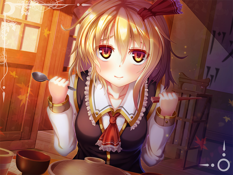 1girl ascot blonde_hair bow bowl chopsticks collarbone dragoner hair_bow long_sleeves looking_at_viewer red_eyes rumia smile solo spoon table touhou vest