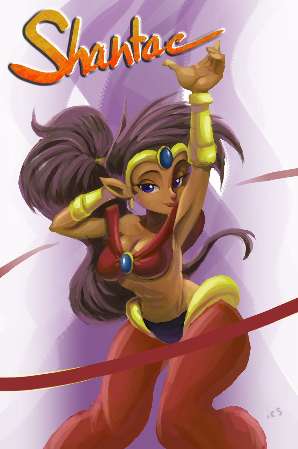 1girl arabian_clothes arm_up armpits blue_eyes bracer breasts cleavage dark_skin earrings harem_pants headband highres ian_samson jewelry lips lipstick long_hair makeup midriff o-ring_top pointy_ears ponytail purple_hair shantae shantae_(character) smile solo