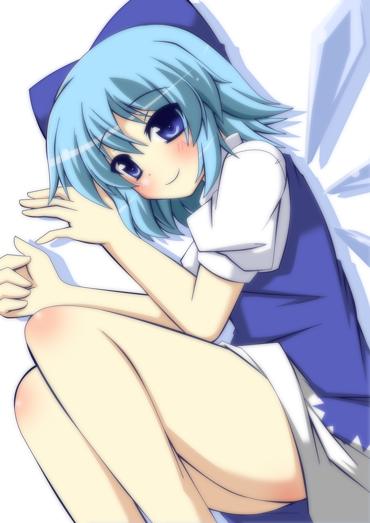 1girl bare_legs blue_dress blue_eyes blue_hair blush bow cirno dress fetal_position hair_bow ice ice_wings looking_at_viewer lying masiromu on_side puffy_sleeves shirt short_sleeves smile solo touhou wings