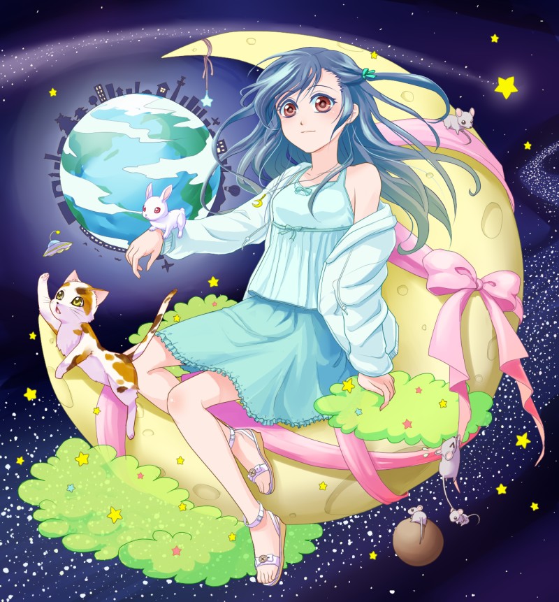 1girl blue_hair cat earth jacket long_hair moon mouse original planet rabbit red_eyes ribbon sandals shooting_star sitting skirt smile solo space star