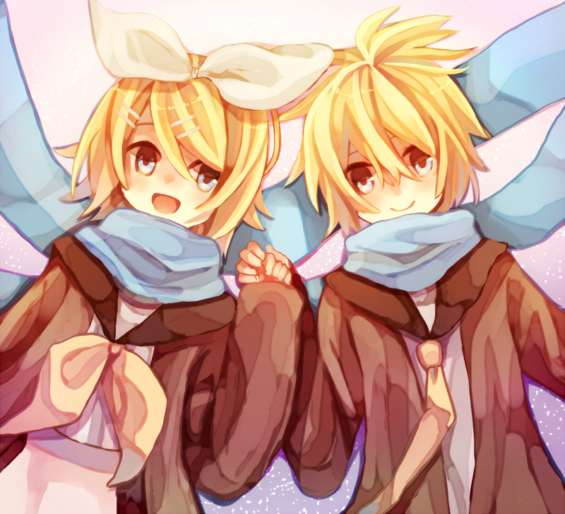 :d blue_eyes blush bow gradient gradient_background hair_bow hair_ornament hairclip holding_hands jacket kagamine_len kagamine_rin looking_at_another namihaya necktie open_mouth scarf school_uniform short_hair siblings smile twins vocaloid