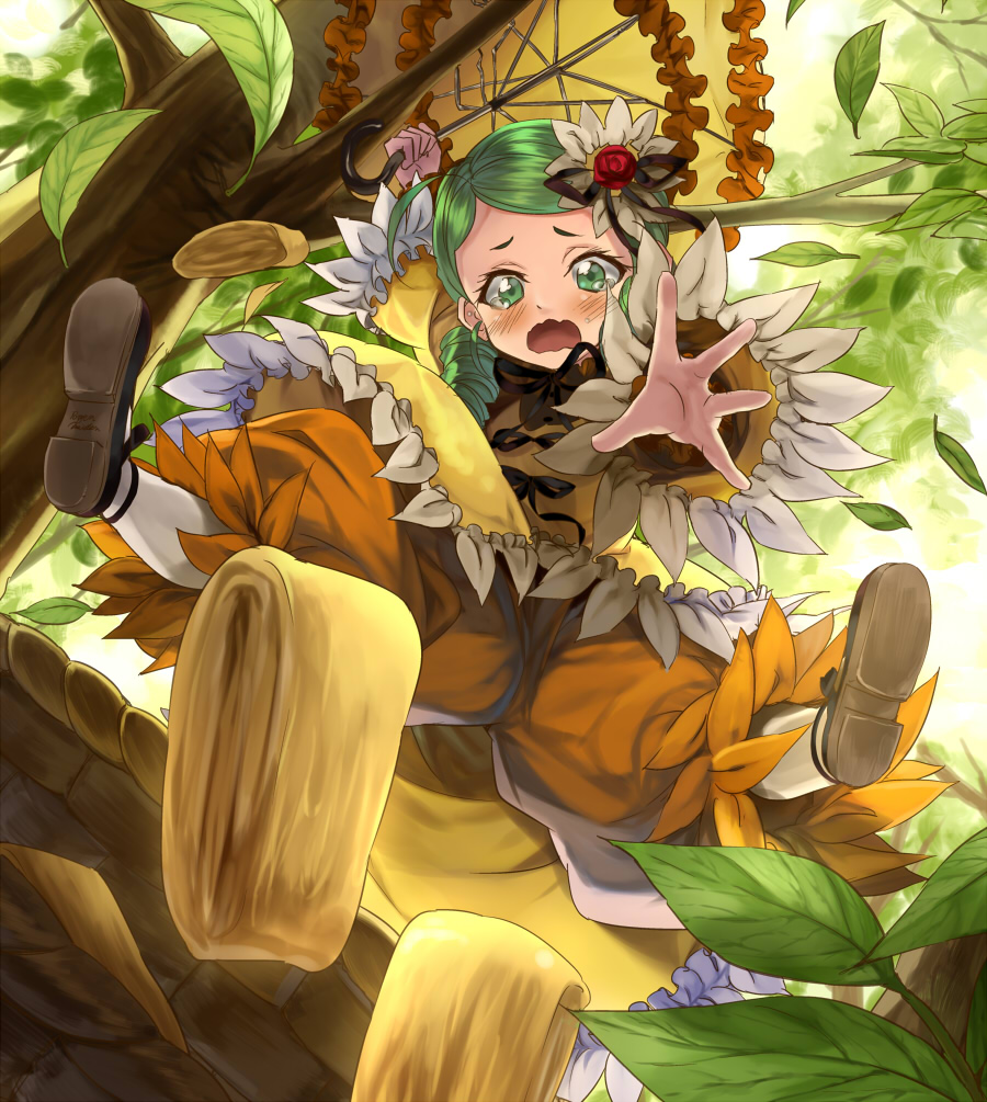 1girl blush dress dropping flower green_eyes green_hair hair_flower hair_ornament hanging_from_tree kabocha kanaria long_sleeves open_mouth outstretched_arm outstretched_hand pants_under_dress parasol rozen_maiden solo tears tree umbrella underwear wavy_mouth wide_sleeves yellow_dress