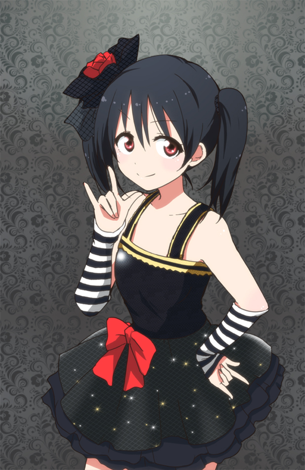 1girl \m/ arm_warmers black_dress black_hair bow dress flower hair_flower hair_ornament hair_ribbon hand_on_hip kidachi layered_dress love_live!_school_idol_project red_eyes ribbon short_hair smile solo sparkle striped twintails yazawa_nico