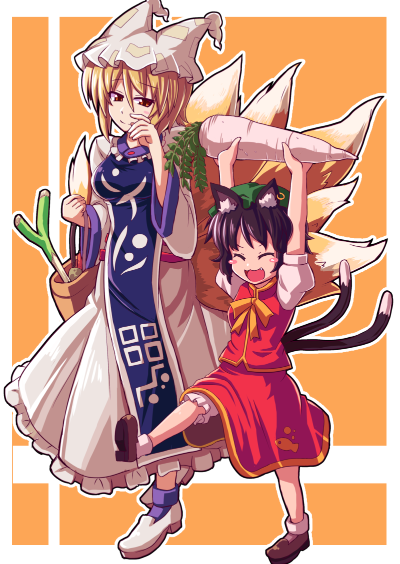 2girls :3 animal_ears arms_up bag blonde_hair blush_stickers brown_hair cat_ears cat_tail chen closed_eyes daikon dress ear_piercing fang fox_tail hat hat_with_ears holding_up jewelry long_sleeves multiple_girls multiple_tails open_mouth piercing puffy_sleeves shirt shopping_bag short_sleeves single_earring skirt smile spring_onion tabard tail tanakara touhou vest white_dress wide_sleeves yakumo_ran yellow_eyes
