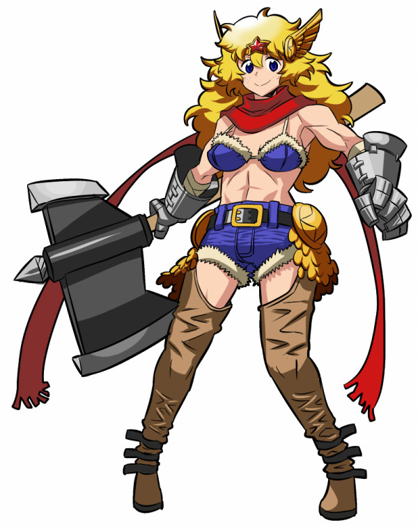 1girl abs battle_axe belt bikini_top blonde_hair blue_hair boots character_request copyright_request denim denim_shorts faulds gauntlets head_wings huge_weapon long_hair matsuda_yuusuke muscle red_scarf scarf shorts smile solo star thigh-highs thigh_boots tiara weapon