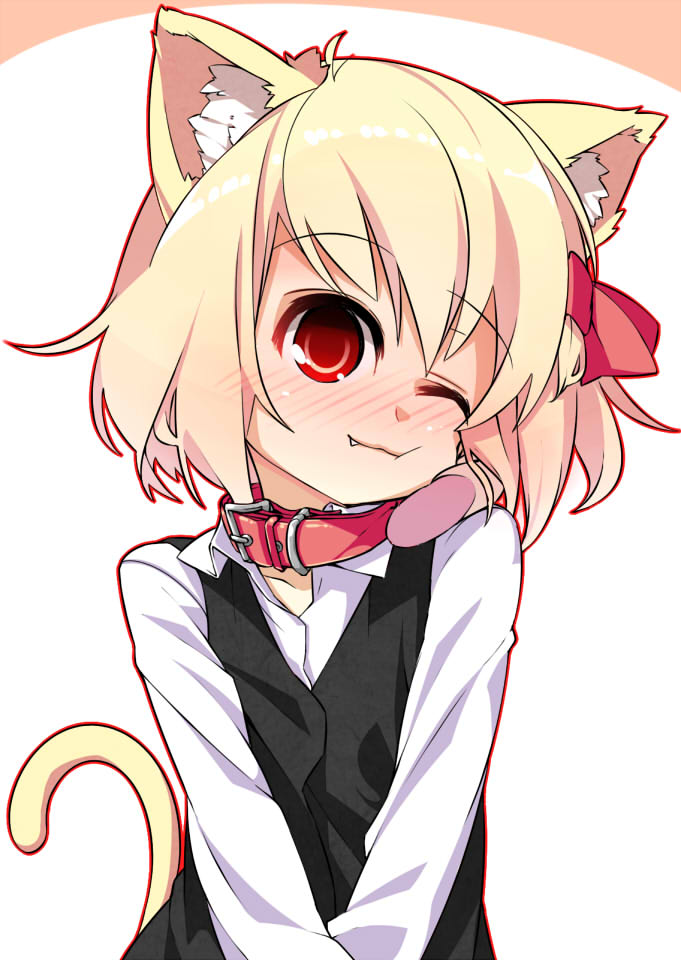 1girl animal_ears blonde_hair blush cat_ears cat_tail collar fang hair_ribbon kemonomimi_mode looking_at_viewer red_eyes ribbon rumia shamo_(koumakantv) short_hair smile solo_focus tail touhou wink