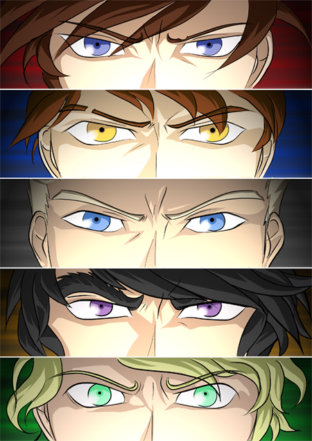 5boys artist_request black_hair blonde_hair blue_eyes brown_hair cole_hence column_lineup cut-in eyebrows green_eyes jay_walker kai_(ninjago) lego lloyd_garmadon multiple_boys ninjago parody persona_eyes spoilers violet_eyes white_hair yellow_eyes zane_julien