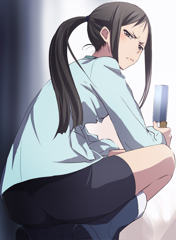 1girl bike_shorts black_bike_shorts black_eyes black_hair blush boots frown hanasaku_iroha haruyama_kazunori knife long_hair looking_at_viewer looking_back ponytail solo squatting tsurugi_minko