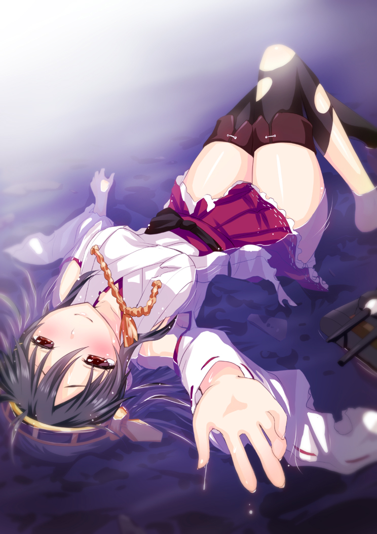 1girl black_hair blush boots brown_eyes detached_sleeves hairband haruna_(kantai_collection) japanese_clothes kantai_collection long_hair looking_at_viewer outstretched_hand partially_submerged personification saki_chisuzu skirt smile solo tears thigh-highs thigh_boots torn_clothes