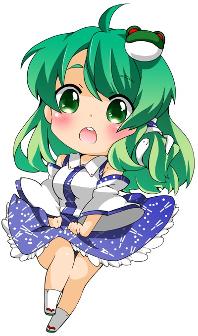 1girl berry_jou blush chibi detached_sleeves frog_hair_ornament green_eyes green_hair hair_ornament kochiya_sanae long_hair long_sleeves looking_at_viewer open_mouth shirt simple_background skirt snake_hair_ornament solo touhou white_background wide_sleeves