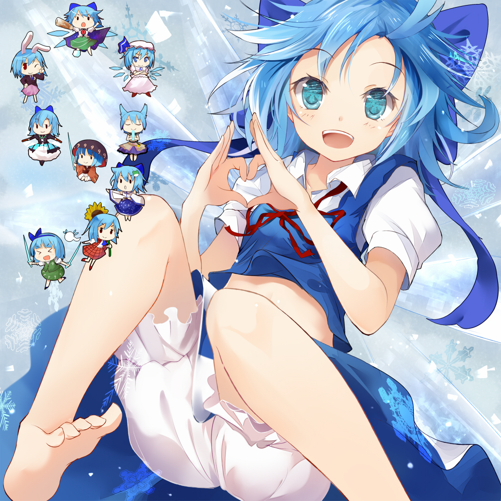 &gt;_&lt; 6+girls animal_ears arm_cannon barefoot bloomers blue_dress blue_eyes blue_hair bow bowl cape cirno closed_eyes crossed_arms dress dual_wielding efe flower frog_hair_ornament gohei hair_bow hair_ornament hair_ribbon hat hat_ribbon heart heart_hands ice ice_wings jacket katana kazami_yuuka_(cosplay) kochiya_sanae_(cosplay) konpaku_youmu_(cosplay) konpaku_youmu_(ghost)_(cosplay) long_sleeves looking_at_viewer mob_cap multiple_girls multiple_persona needle open_mouth puffy_sleeves rabbit_ears reisen_udongein_inaba_(cosplay) reiuji_utsuho_(cosplay) remilia_scarlet_(cosplay) ribbon ritual_baton scroll shinmyoumaru_sukuna_(cosplay) shirt short_sleeves sitting smile snowflakes sunflower sword third_eye touhou toyosatomimi_no_miko_(cosplay) underwear vest weapon wide_sleeves wings wink