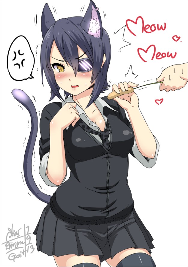 1girl animal_ears artist_name blush cat_ears cat_tail cattail eyepatch go-it headgear heart kantai_collection kemonomimi_mode open_mouth personification plant purple_hair short_hair sweatdrop tail tenryuu_(kantai_collection) thighhighs trembling yellow_eyes