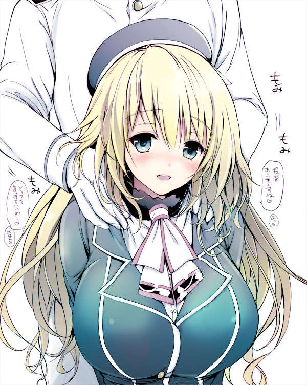 1girl admiral_(kantai_collection) atago_(kantai_collection) blonde_hair blue_eyes blush breasts hat kantai_collection kurimomo large_breasts long_hair looking_at_viewer military military_uniform personification shoulder_massage simple_background translation_request uniform white_background